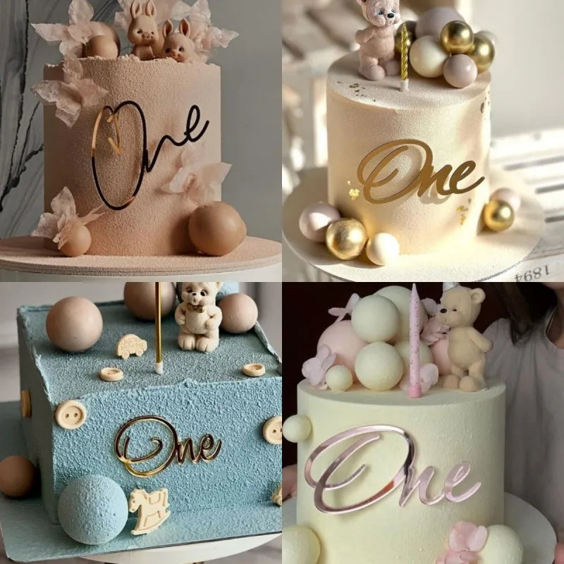 INS Baby "One" Acrylic Happy Birthday Cake Toppers Gold Baby Birthday Cake Topper for Kids Birthday Party Cake Decorations