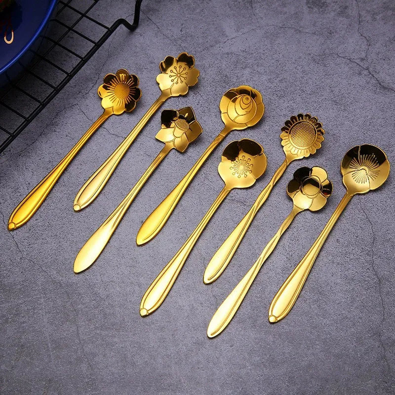 8pcs Stainless Steel Cherry Rose Flower Gold Scoop Coffee Spoon Gifts Kitchen Dessert Tea Accessories Tableware Decoration Set