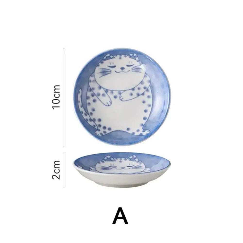 1/4pcs Ceramic Dessert Sauce Dish Tableware Japanese Style Creative Cartoon Lucky Cat Pattern Shape Fruit Sushi Plates