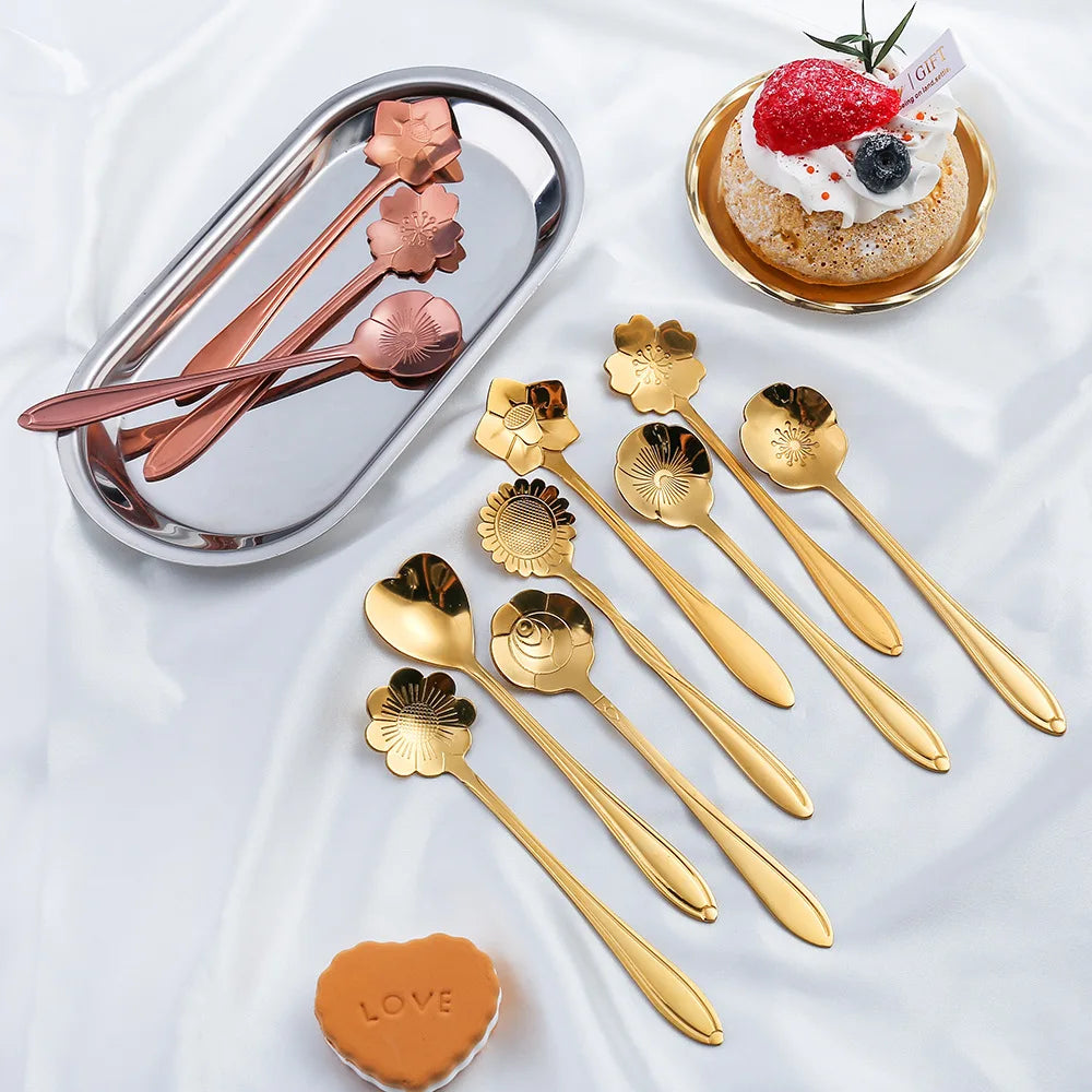 8pcs Stainless Steel Cherry Rose Flower Gold Scoop Coffee Spoon Gifts Kitchen Dessert Tea Accessories Tableware Decoration Set
