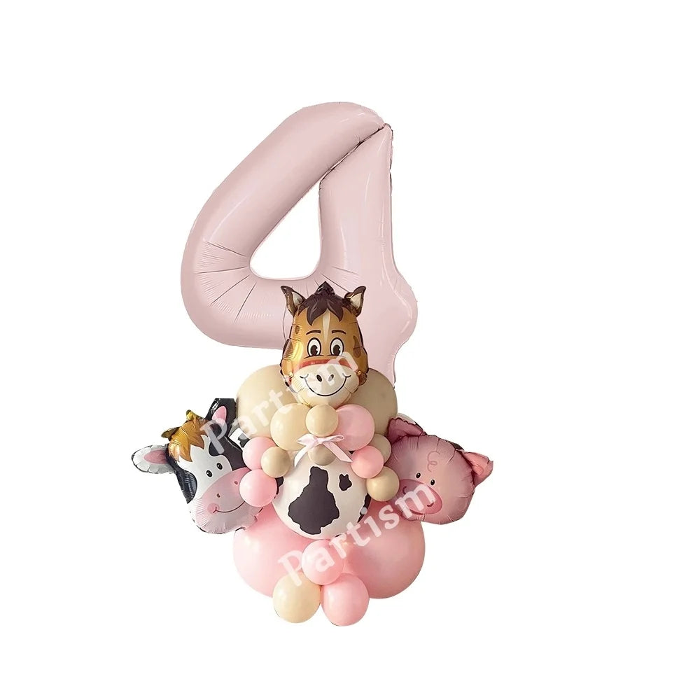 Carton Farm Animal Balloon Set with Pink Foil Number Balloon for Kids Farmland Animal Happy Birthday Party Decoration Supplies