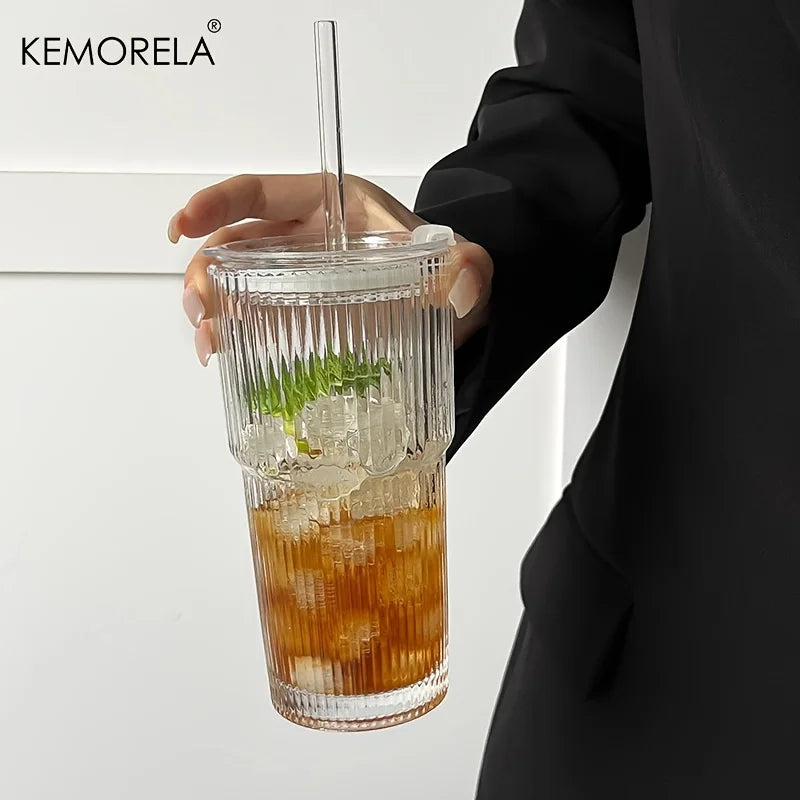 600ML Stripe Glass Coffee Cup With Lid and Without Cover Straw Transparent Drinking Glasses for Juice Iced Coffee Mugs Drinkware