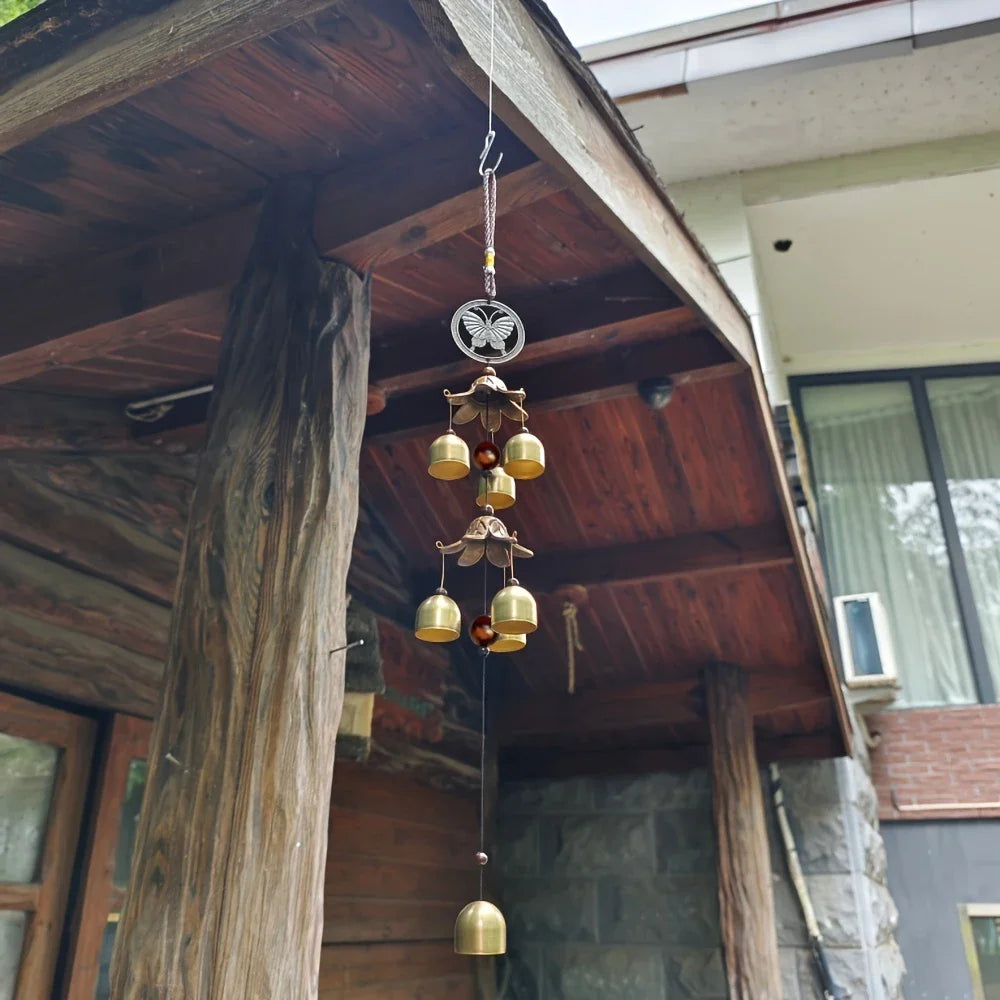 Garden Double Metal Bell Pendant Wind Chime, Brass Color Bell Hanging Decoration Suitable for Home Patio Wall Hanging Gift