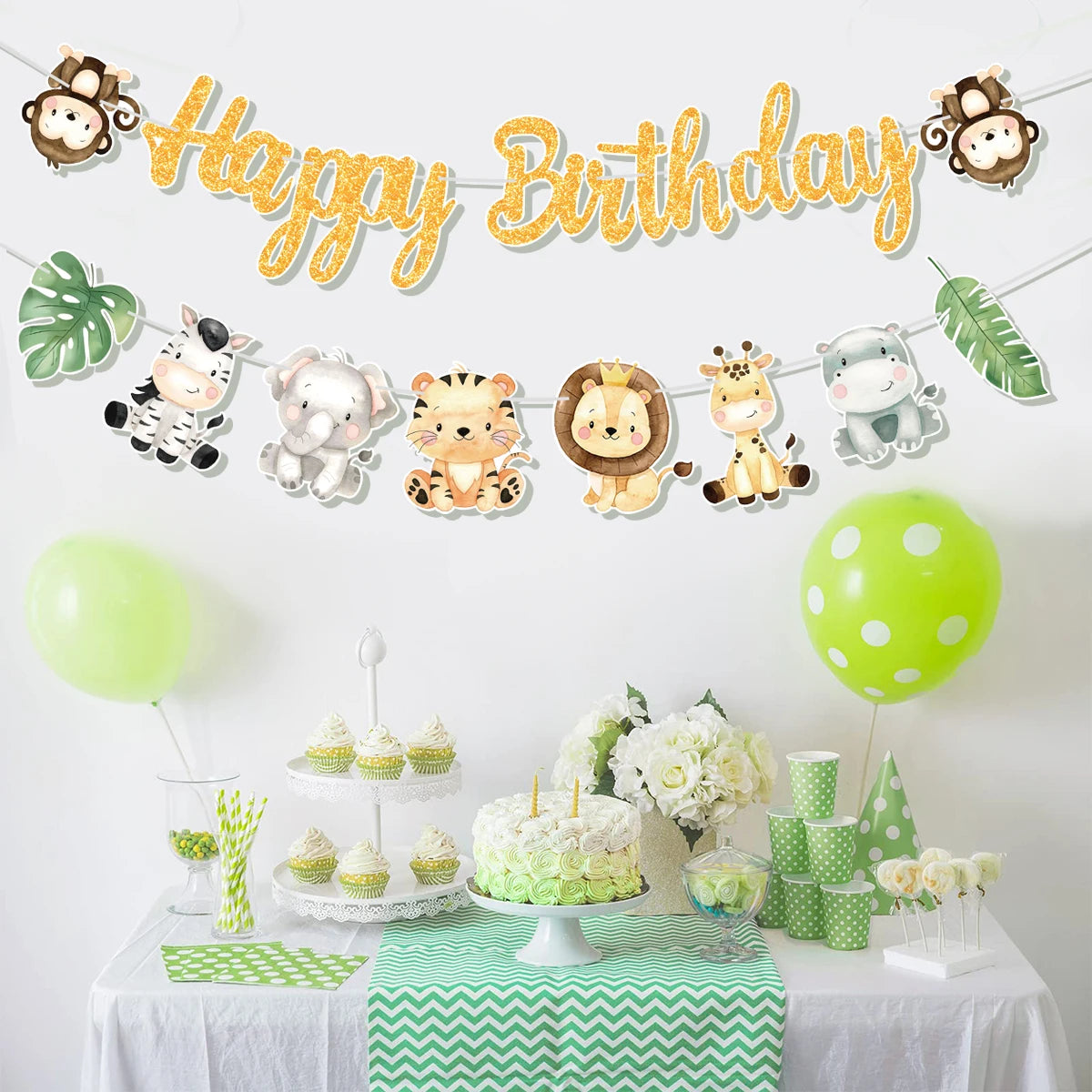 Animal Banner Jungle Safari Happy Birthday Party Decorations for Kids Wild One Birthday Decor Hangning Garland Party Supplies