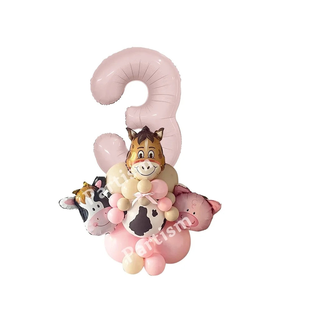 Carton Farm Animal Balloon Set with Pink Foil Number Balloon for Kids Farmland Animal Happy Birthday Party Decoration Supplies