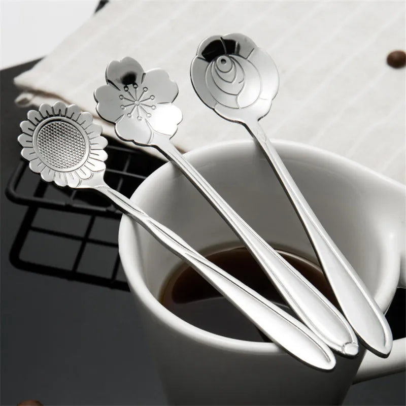 8pcs Stainless Steel Cherry Rose Flower Gold Scoop Coffee Spoon Gifts Kitchen Dessert Tea Accessories Tableware Decoration Set