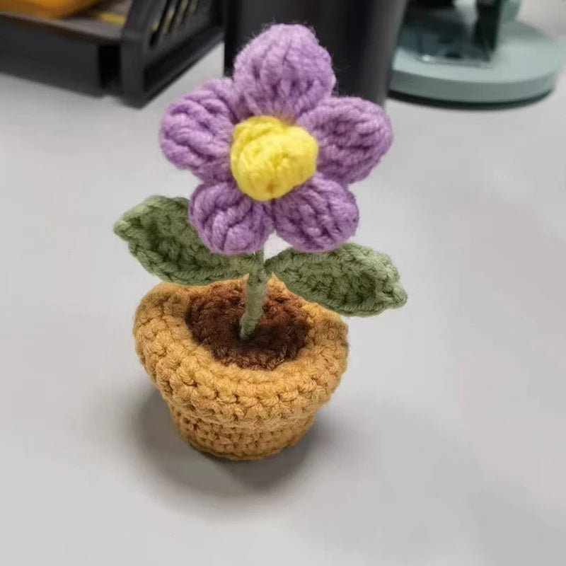 DIY Handwoven Mini Potted Flower Rose Office Desktop Ornamental Potted Plants Woolen Thread Finished Product Home Decoration